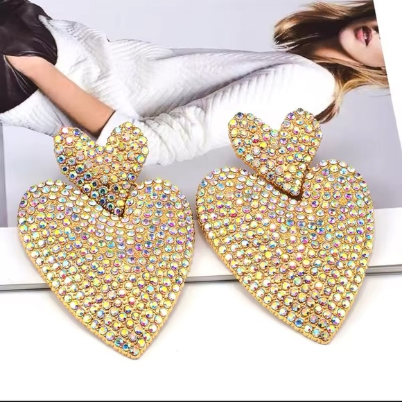 Glam Rhinestone Heart Drop Earrings | Statement Gold-Tone Dangle - Picture 1 of 10